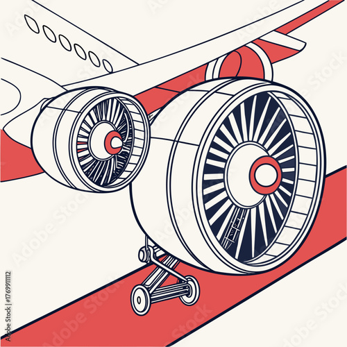 Detailed line art of airplane engines with landing gear on