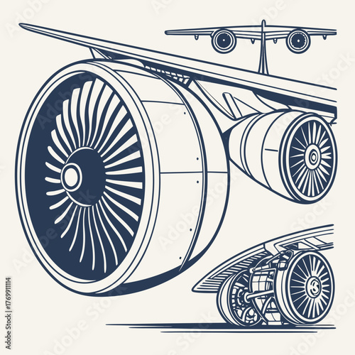 Detailed line art of airplane engines with wings