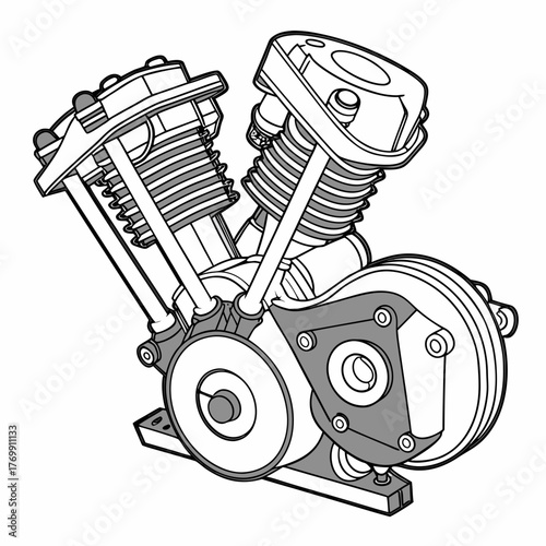 Detailed line art of a vtwin engine