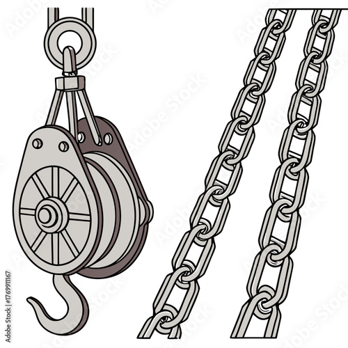 Illustration of a block and tackle system with chain