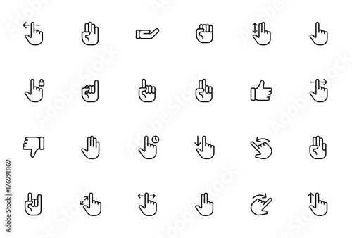 Hand and Gesture icon set. Vector gesture collection Includes symbols for swip, click, cursor, like, disike, hand gesture and more Editable stroke line.