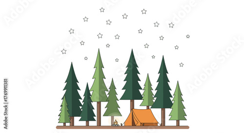 Illustrated camping scene green trees orange tent campfire under a starfilled sky