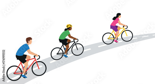 Three figures ride bikes up a gray unmarked road on a white background