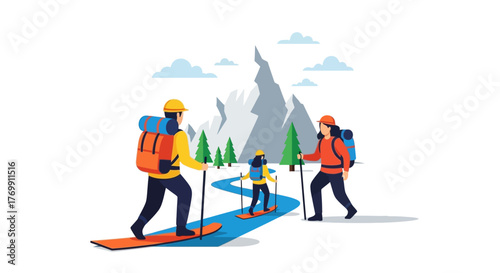 Three hikers snowshoeing with backpacks  walking poles set against a mountain backdrop with scattered fir trees and clouds