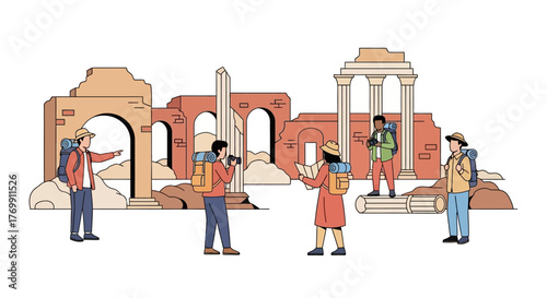 Tourists explore ancient ruins with backpacks cameras and maps