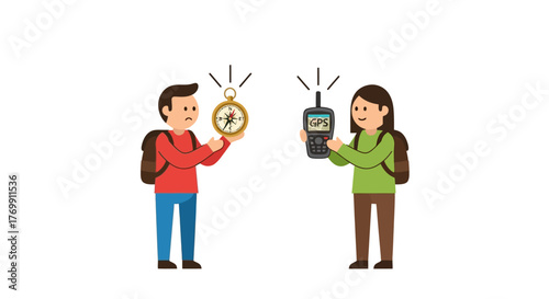 Two cartoon hikers one confused with a compass the other smiling with a GPS device