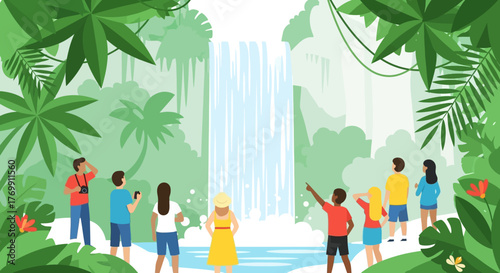 Tourists gaze at a jungle waterfall surrounded by lush green tropical foliage and trees