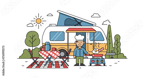 A chef stands outside a camper cooking bacon and eggs in a cartoon style