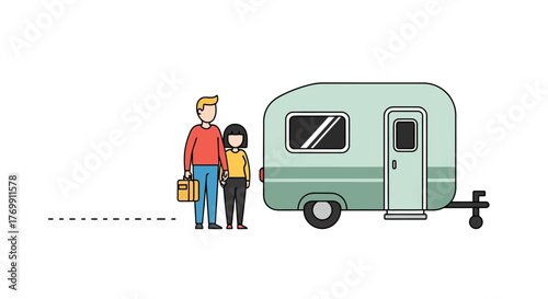 A couple stands beside their teardrop trailer a suitcase in hand with a dotted line leading away