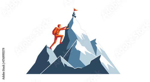 A climber ascends a jagged mountain towards a flag on the summit