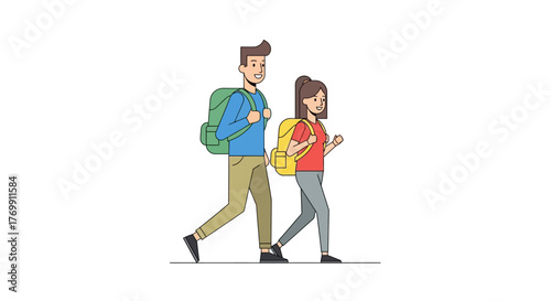 A couple wearing backpacks walking and smiling