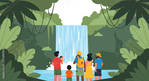 A family gazes at a waterfall in a lush tropical setting