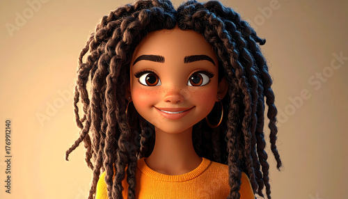 A beautifully rendered 3D animated portrait of a smiling young Black woman with long, textured dreadlocks.