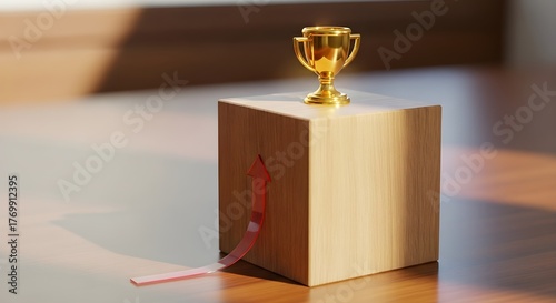 Golden Trophy on Wooden Cube with Upward Arrow – Symbol of Success and Achievement