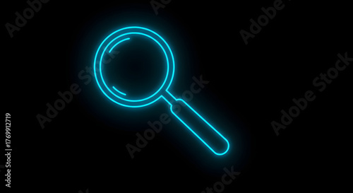 Glowing blue neon magnifying glass search icon.