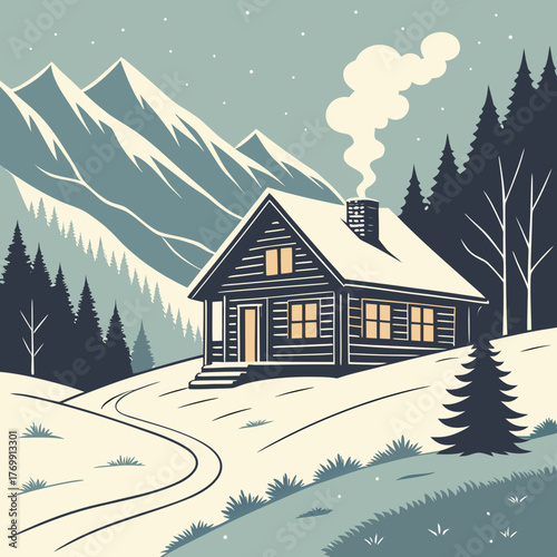 A picturesque cabin in a snowy mountain landscape with smoke rising from chimney