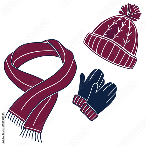 Burgundy winter accessories scarf, hat, and gloves