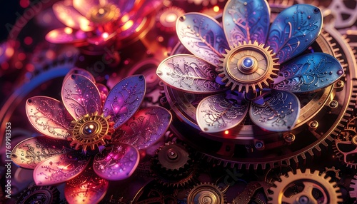 Steampunk style clockwork with flowers.