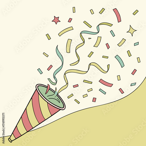 Colorful confetti explosion from a party popper on a beige background