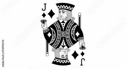 Illustration of jack of diamonds playing card with detailed black and white design elements on white background