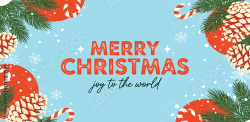 Festive Merry Christmas Banner with Ornaments, Pine Needles, and Snowflakes, Spreading Holiday Cheer