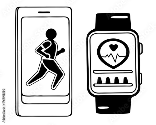 Fitness tracking app on phone with runner and smartwatch