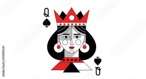 Illustration of the queen of spades card with a red crown and black hair on a white background