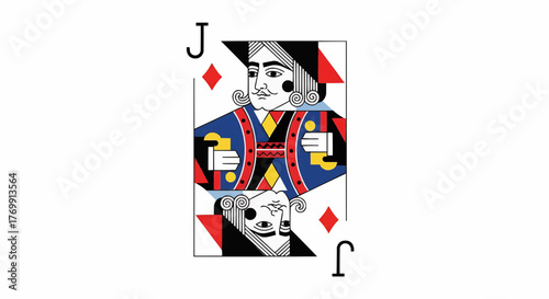 Illustration of a jack of diamonds playing card with a traditional design and diamond suit symbol present