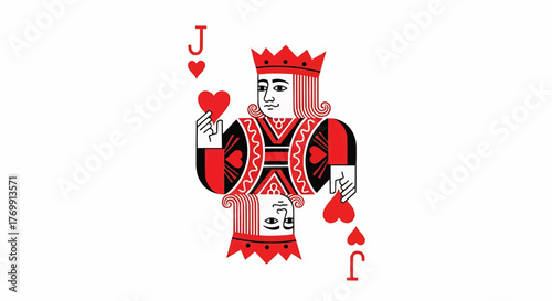 Illustration of jack of hearts playing card with crown and red heart symbols on a white background