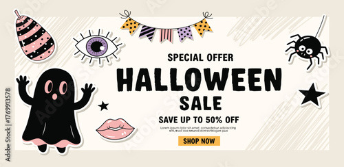 Halloween Sale Banner with Cute Ghost, Spider, Eye, and Lips Graphics - Save Up to 50% OFF