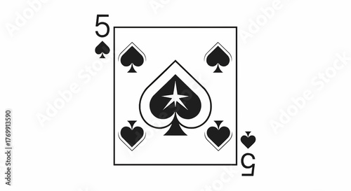 Illustration of a playing card showing the number five and the spade suit in a simple black and white design