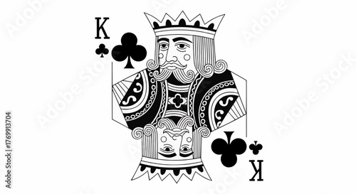 Illustration of the king of clubs playing card with crown and ornate details in black and white design