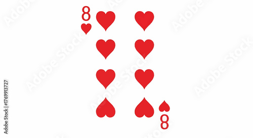 Illustration of the eight of hearts playing card with red hearts and number eight on a white background