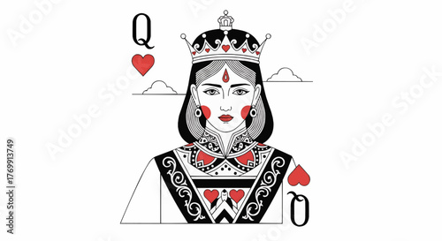 Illustration of queen of hearts playing card with crown and decorative elements on white background card game