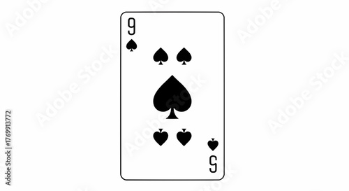 Nine of spades playing card featuring black suit symbols and number indicators on a white background