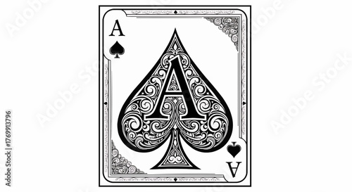 Detailed ace of spades card with ornate swirls and decorative corners in black and white design style