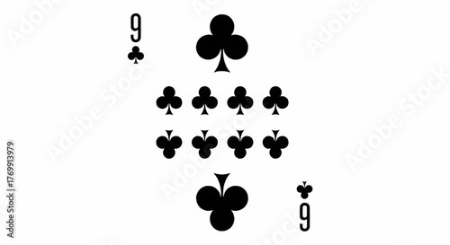 Nine of clubs playing card with black suit symbol and number nine on a white background design image