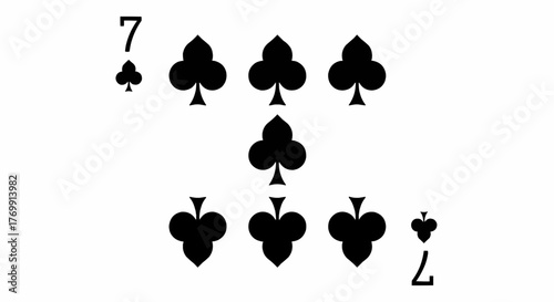Illustration of the seven of clubs playing card with black suits on a white background in simple style