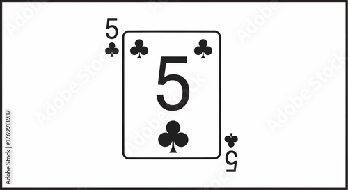 Illustration of a five of clubs playing card featuring black suit symbols and number five on white