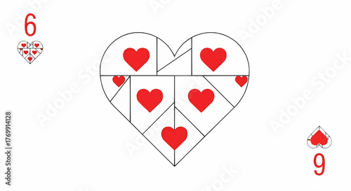 Illustration of a playing card with a heart design composed of smaller hearts and the number six and nine