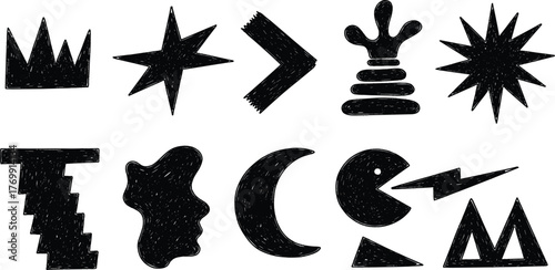A diverse collection of abstract minimalist black icons with a rough, stamped texture. Set includes geometric and organic shapes, symbols, and figures for creative design