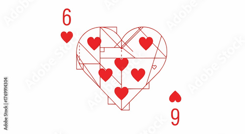 Six of hearts playing card with geometric design and red hearts on a white background illustration