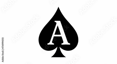 Ace of spades card with a white letter a in the center on a white background in a flat design style