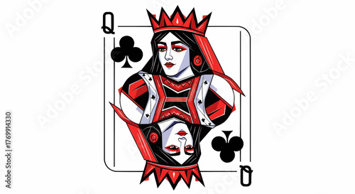 Illustration of queen of clubs playing card with red and black design on a white background card