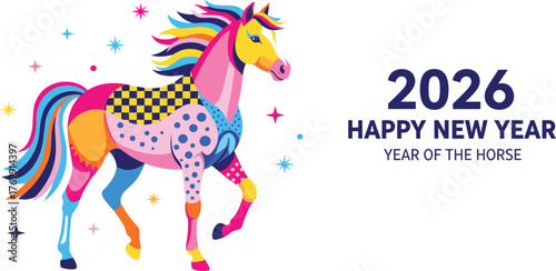 Vibrant and festive abstract horse illustration, adorned with dynamic colorful patterns, symbolizing strength and good fortune for holiday celebrations or zodiac-themed designs