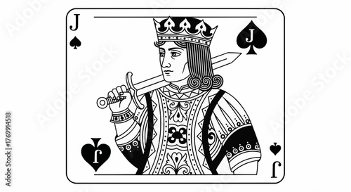 Illustration of jack of spades playing card with king holding sword in black and white style design