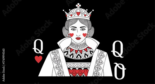 Illustration of a queen of hearts playing card with crown and red heart details on a black background