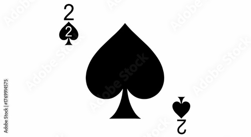 Illustration of the two of spades playing card with black spade suit and number two symbols on white