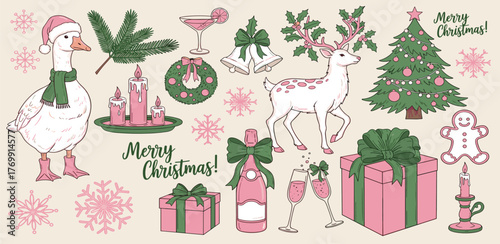 Festive Christmas Illustrations Goose, Deer, Gifts, Tree, and Holiday Decorations