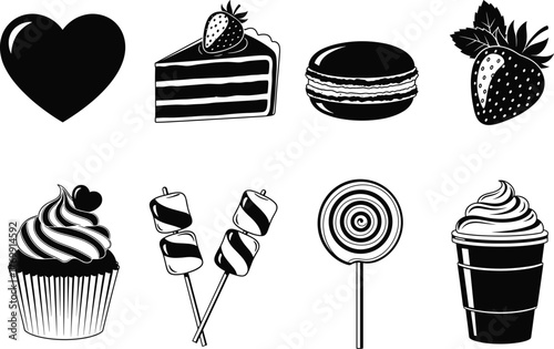 Sweet dessert and candy silhouette vector set, cupcake, cake slice, macaron, strawberry, lollipop, milkshake and marshmallow illustration for bakery design